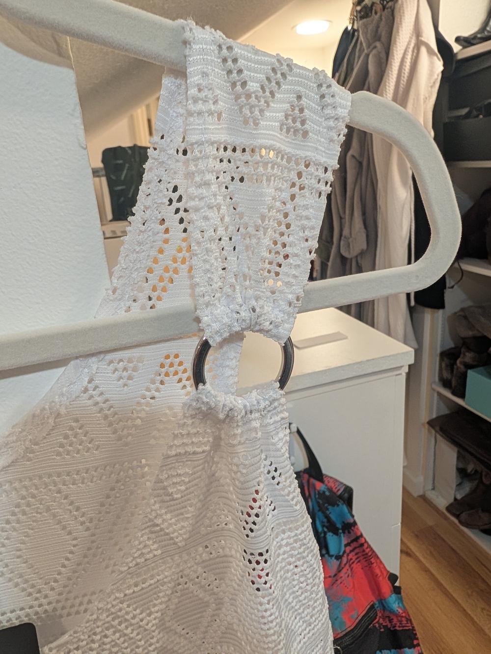 White Crochet Shoulder Bag with Silver Ring Accent